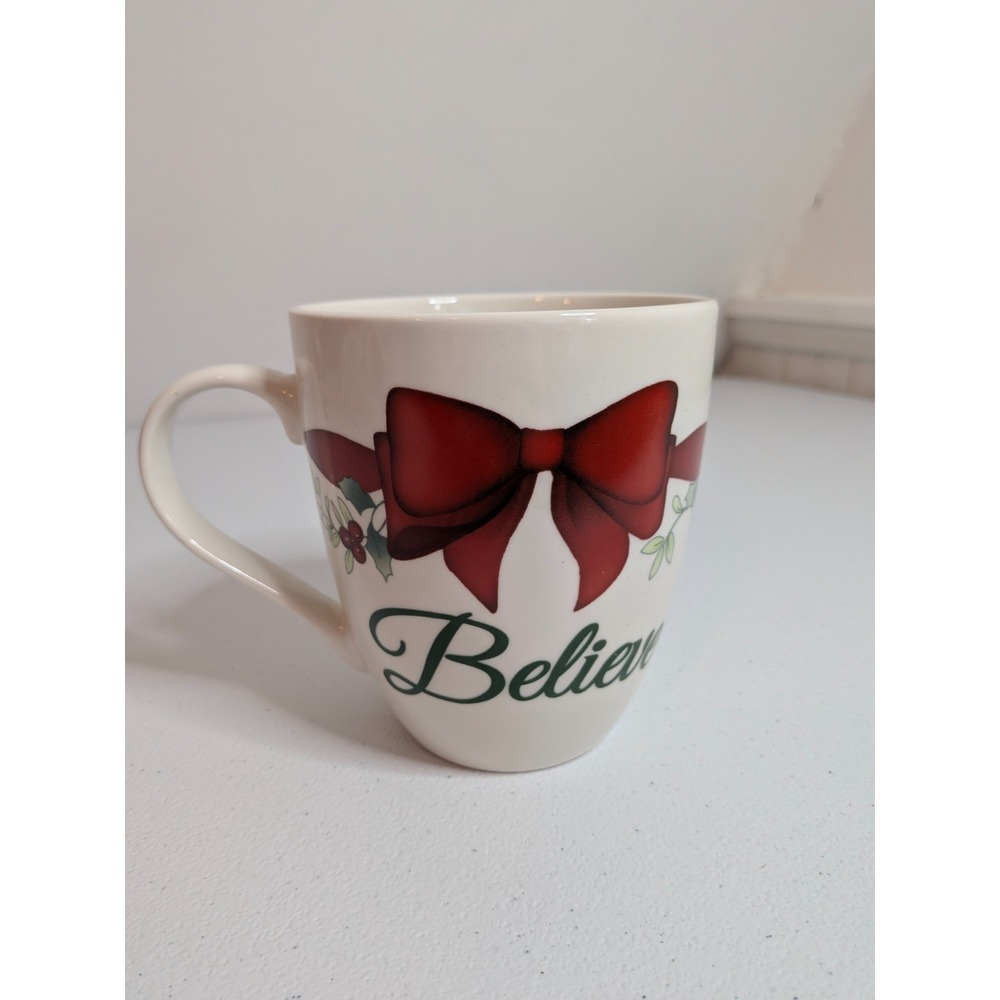 Pfaltzgraff Winterberry Mug Porcelain Believe w/ Red Ribbon Coffee Tea Hot Cocoa